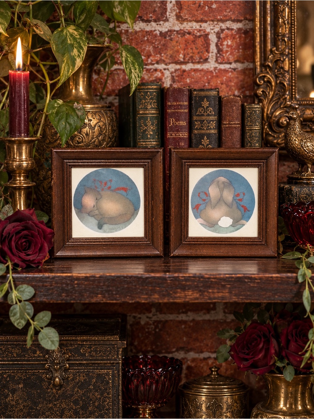 Set of Two Small Rabbit and Cat Moody Maximalist Art Prints